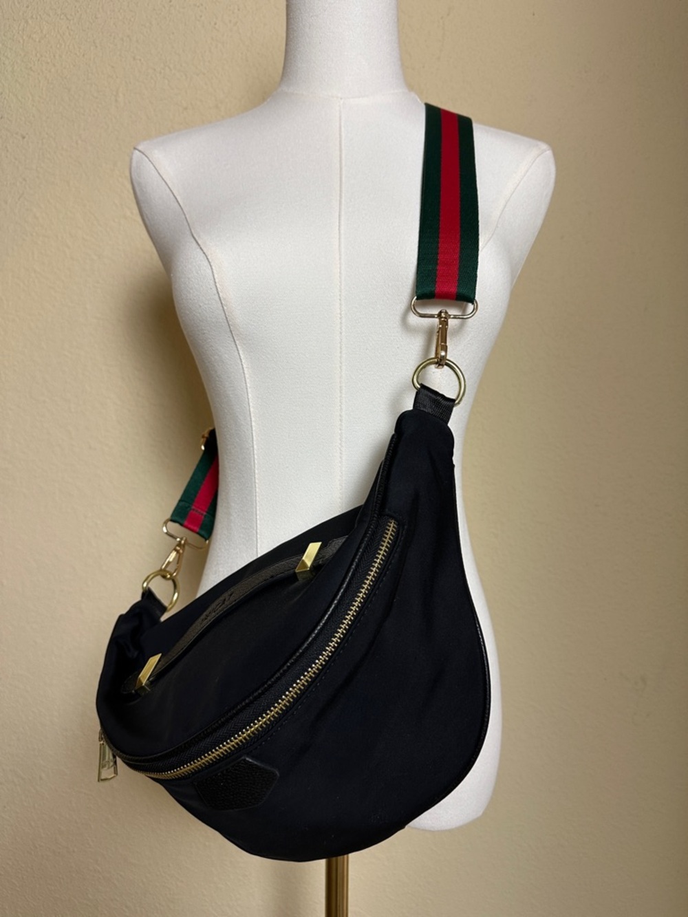 Black Crossbody Sling Bag with Green & Red Accent Strap